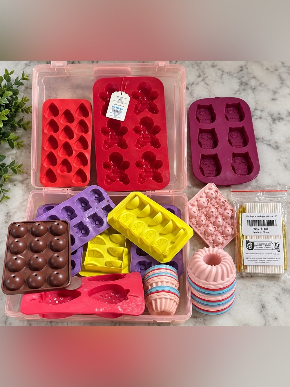 26pc Silicone Chocolate Cake Pop Candy Molds + Sticks Bags Ties Storage Case